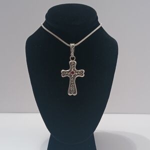 Intricate Silver Cross Necklace with Red Accent